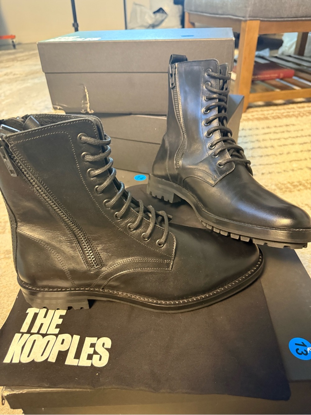 The Kooples Black Leather Lace-Up Combat Boots with Side Zipper